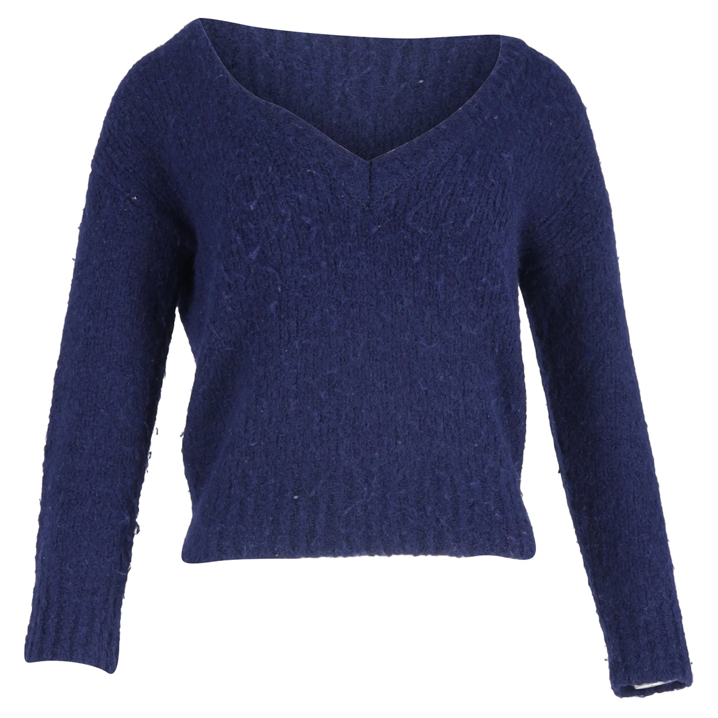 Reformation Knitted Deep V-Neck Sweater in Blue Wool