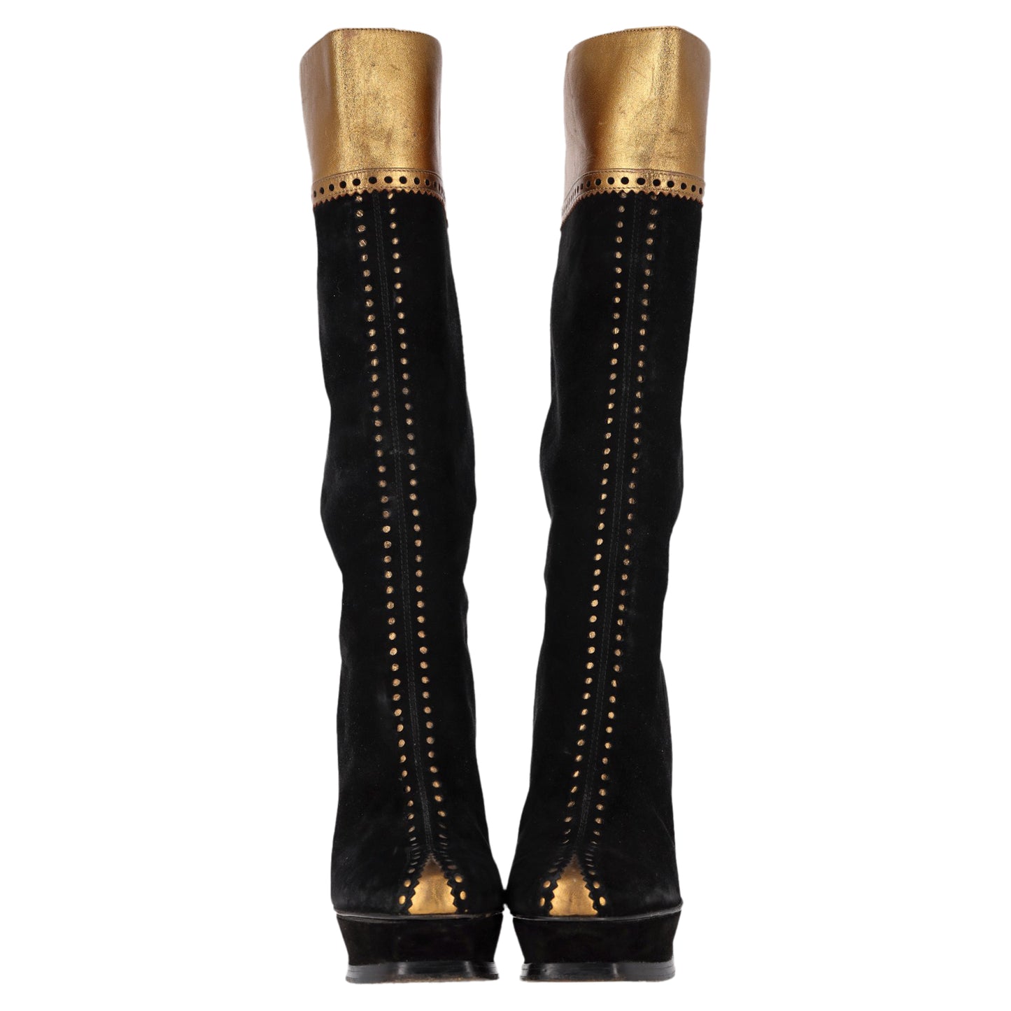 Saint Laurent Laser Cut Detail Knee-High Platform Boots in Black and Gold Suede