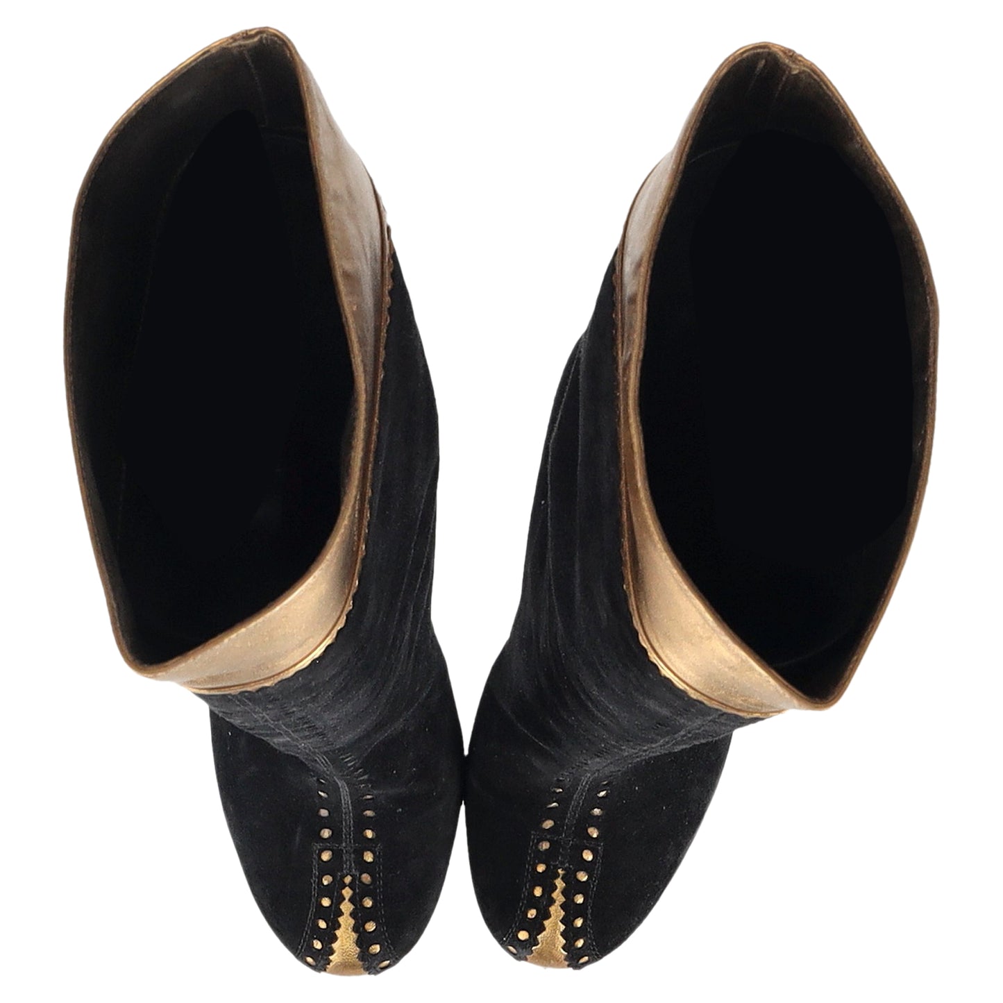 Saint Laurent Laser Cut Detail Knee-High Platform Boots in Black and Gold Suede