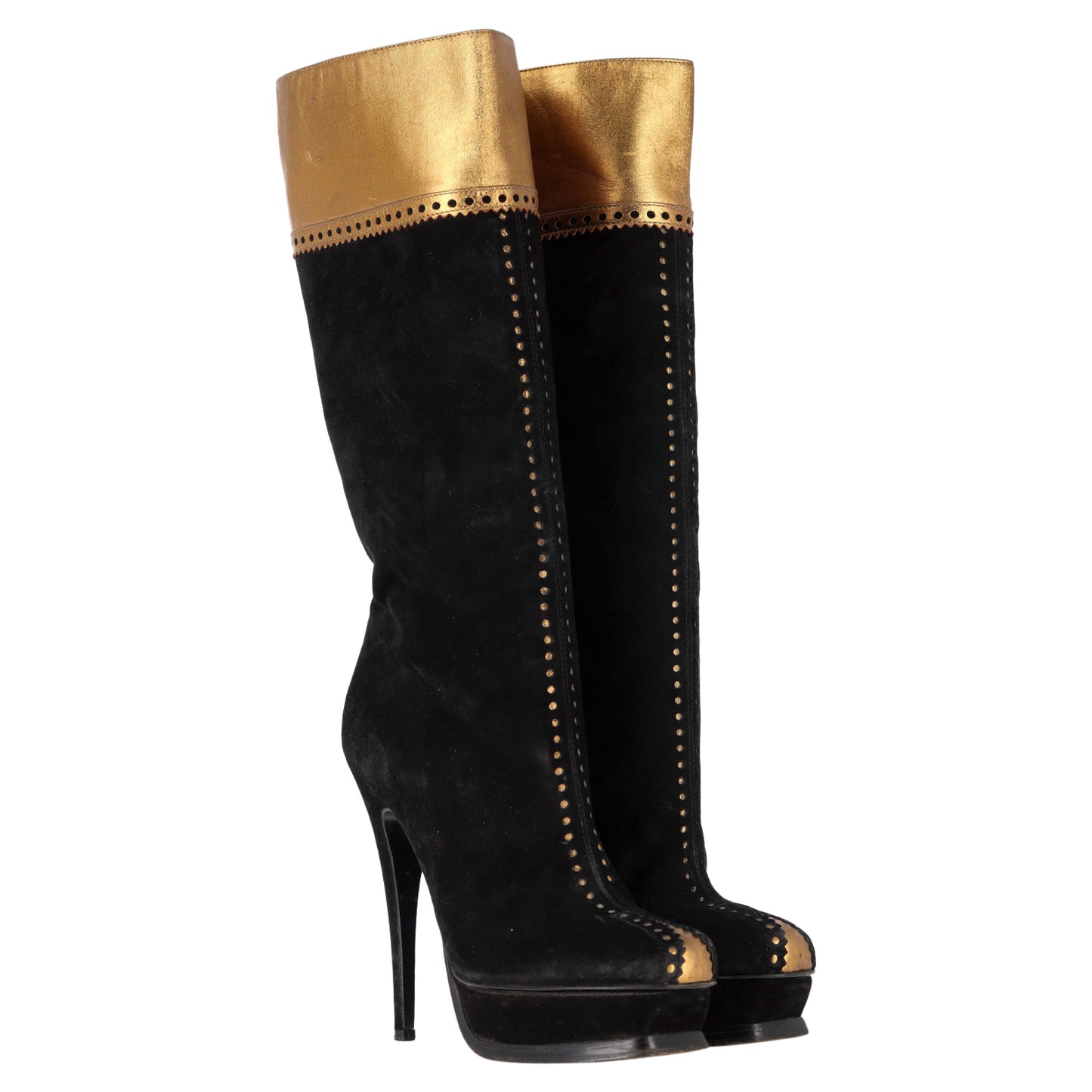 Saint Laurent Laser Cut Detail Knee-High Platform Boots in Black and Gold Suede
