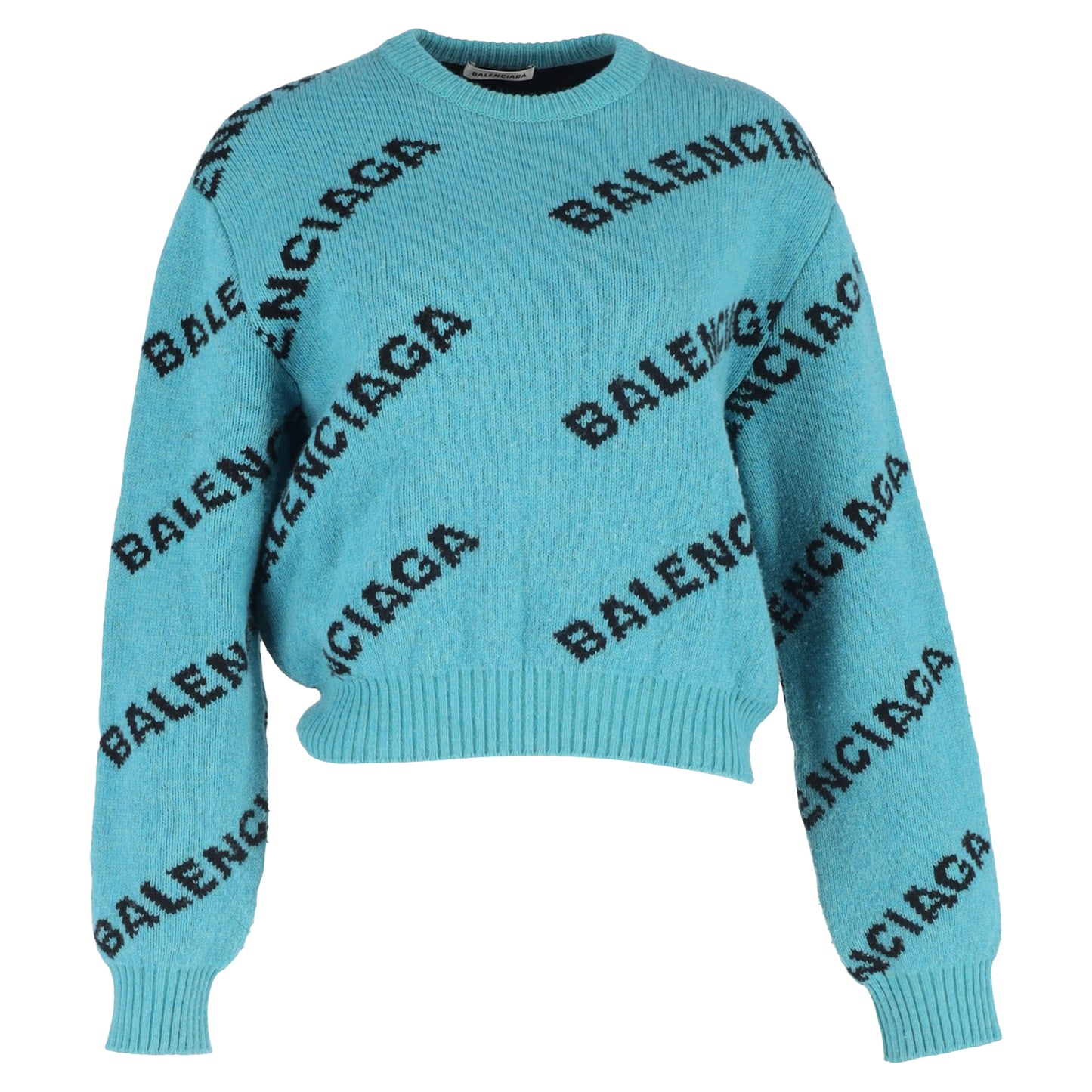 Balenciaga Logo Print Crewneck Sweater in Turquoise Wool