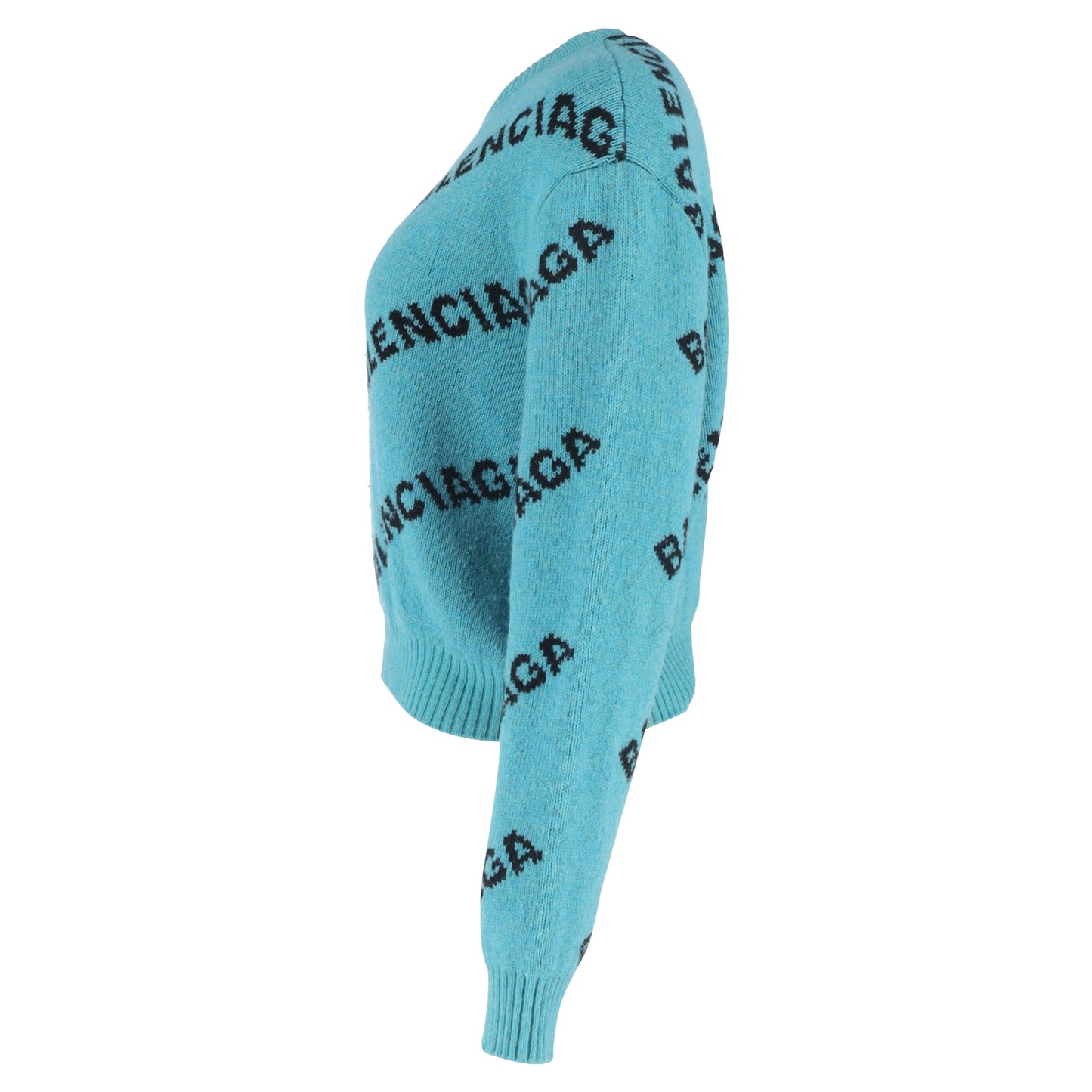 Balenciaga Logo Print Crewneck Sweater in Turquoise Wool
