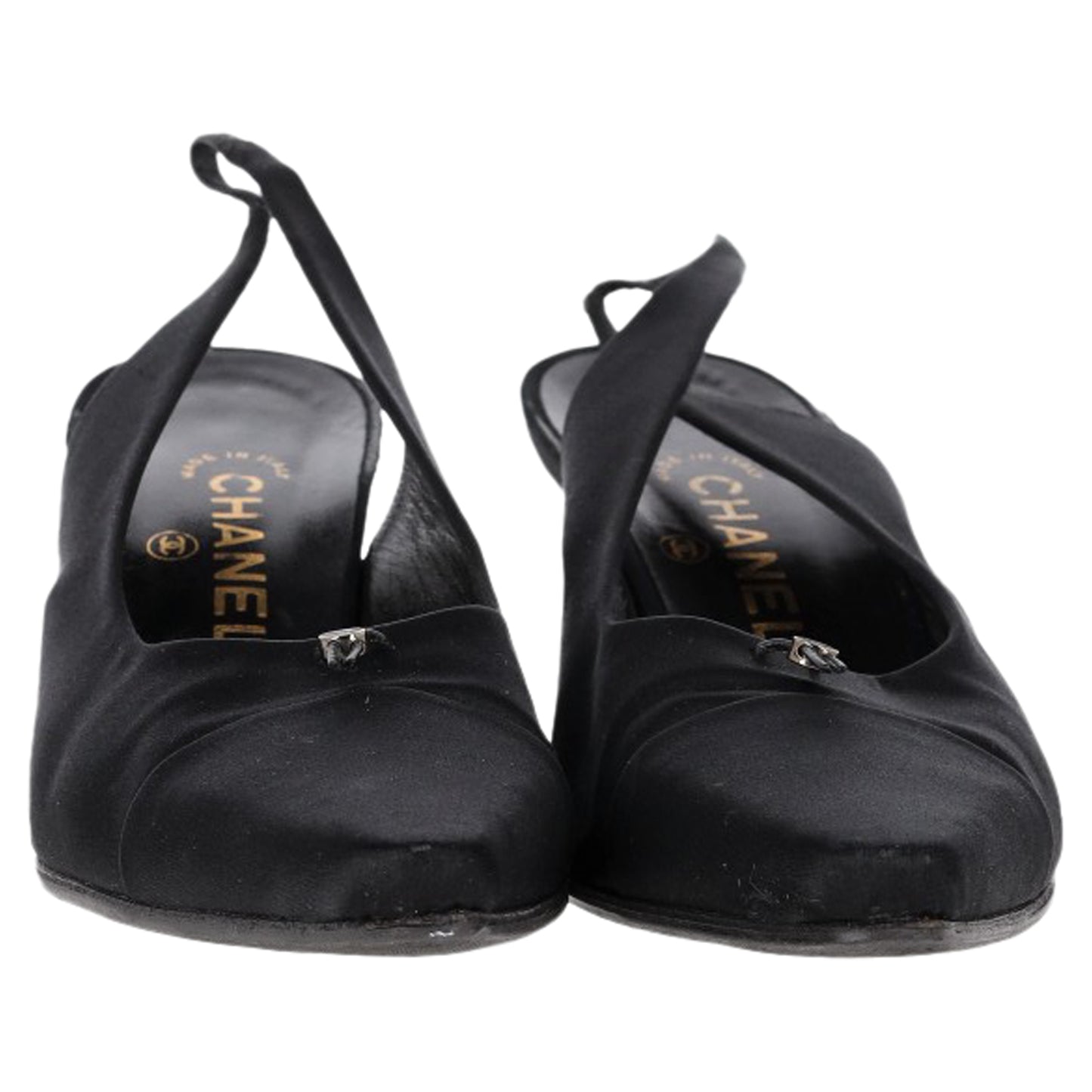 Chanel CC Pointed Kitten Heel Slingback Pumps in Black Satin