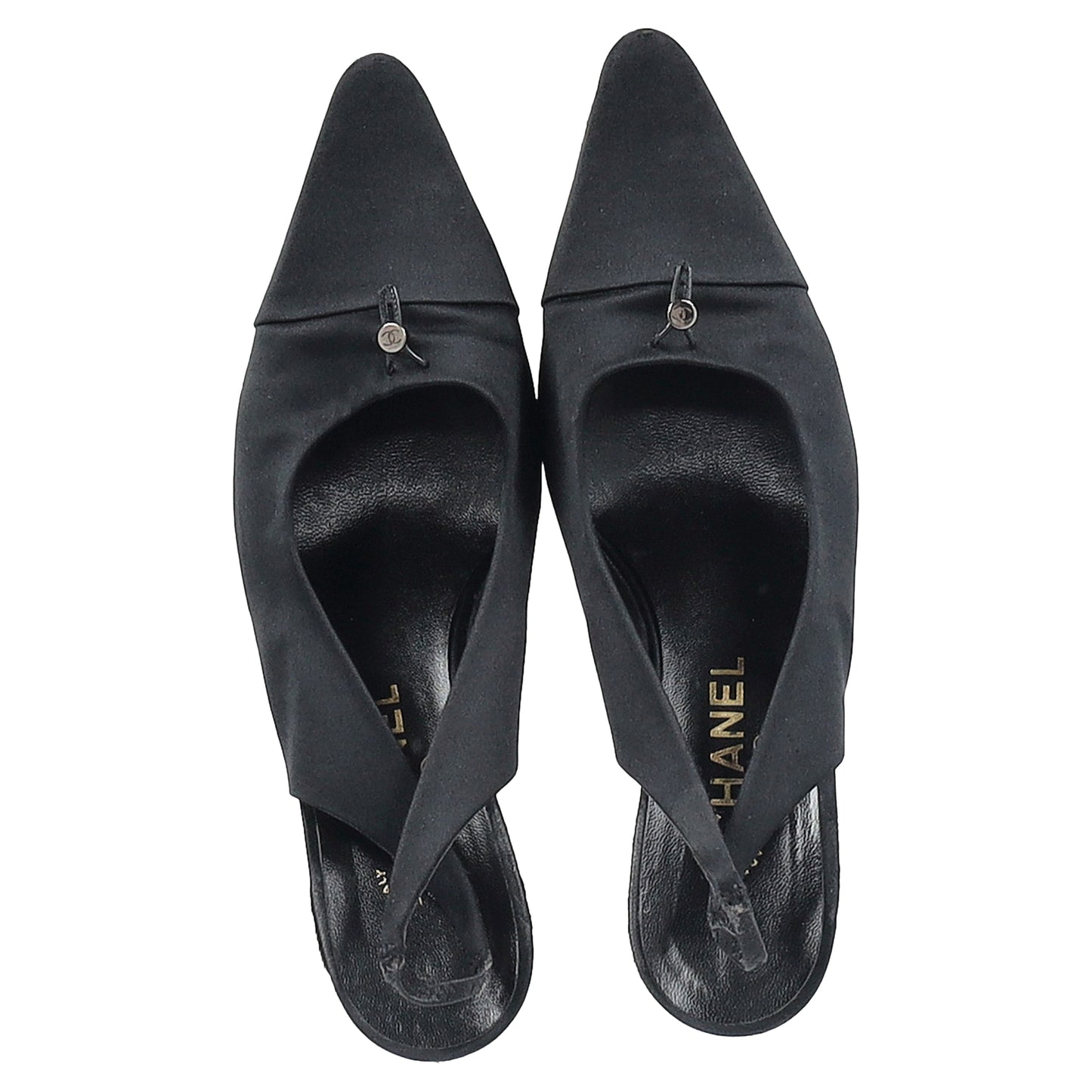 Chanel CC Pointed Kitten Heel Slingback Pumps in Black Satin