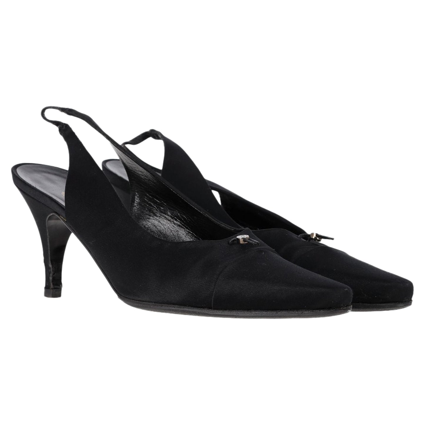 Chanel CC Pointed Kitten Heel Slingback Pumps in Black Satin