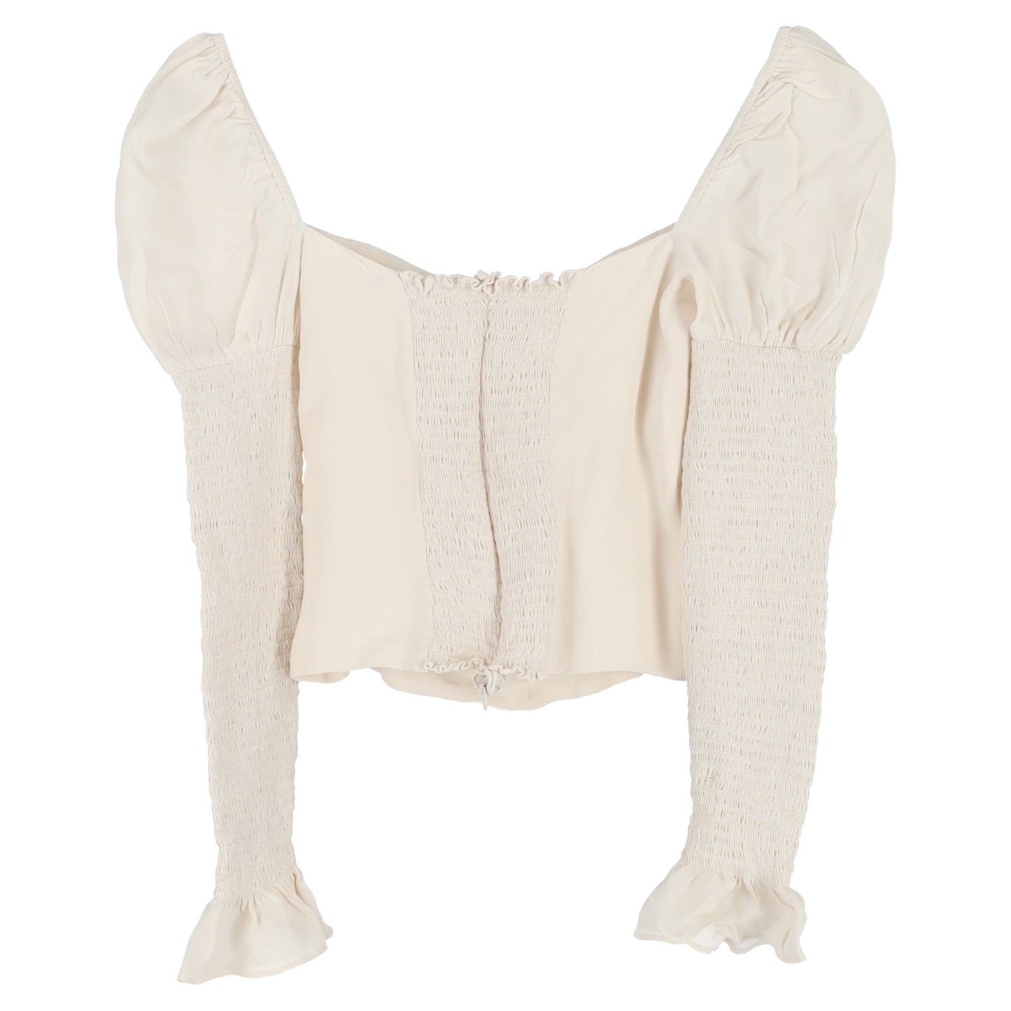 Reformation Shirred Long Sleeve Crop Top in Ivory Viscose