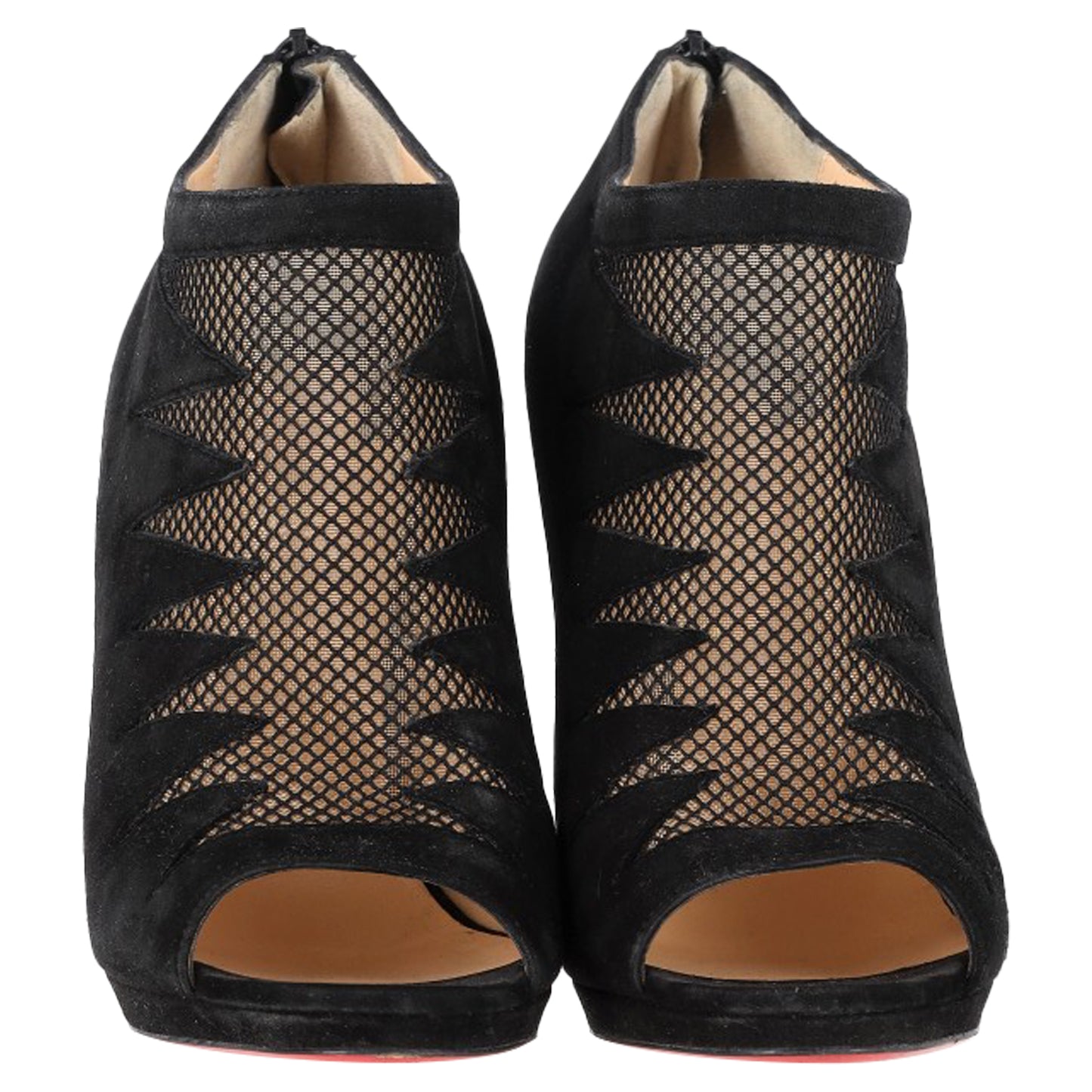Christian Louboutin Peep-Toe Boots in Black Suede and Mesh