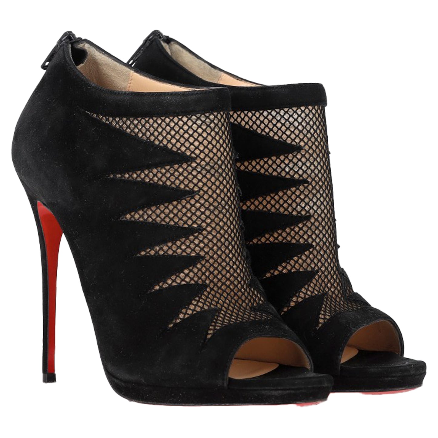Christian Louboutin Peep-Toe Boots in Black Suede and Mesh