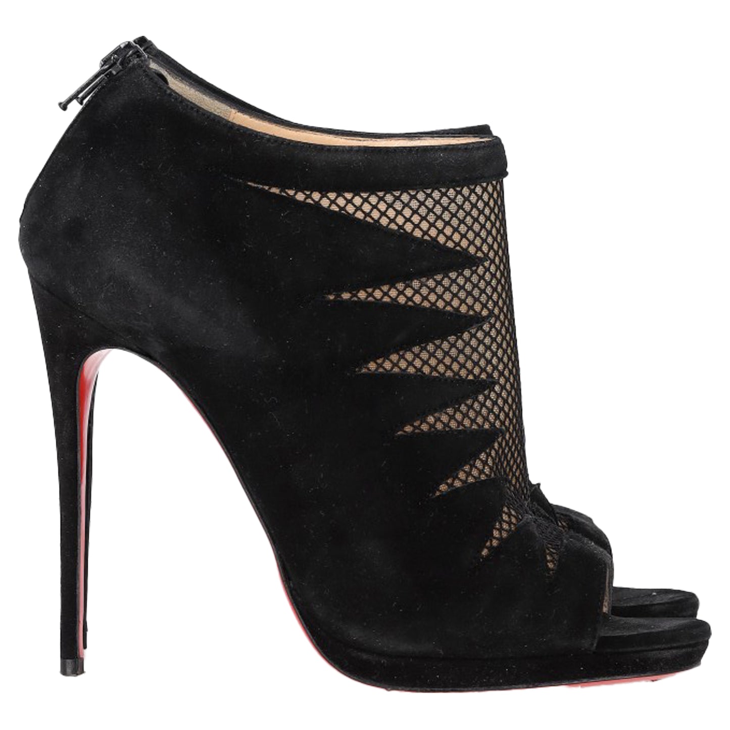 Christian Louboutin Peep-Toe Boots in Black Suede and Mesh