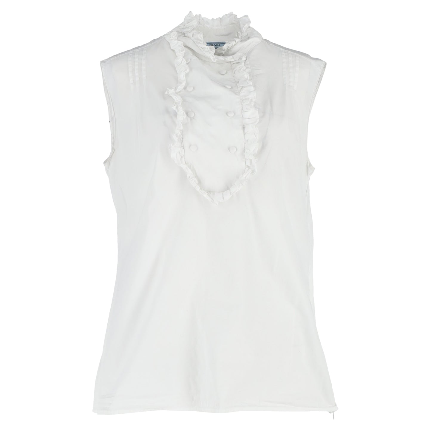 Prada Ruffle Mock Neck Sleeveless Blouse in White Cotton