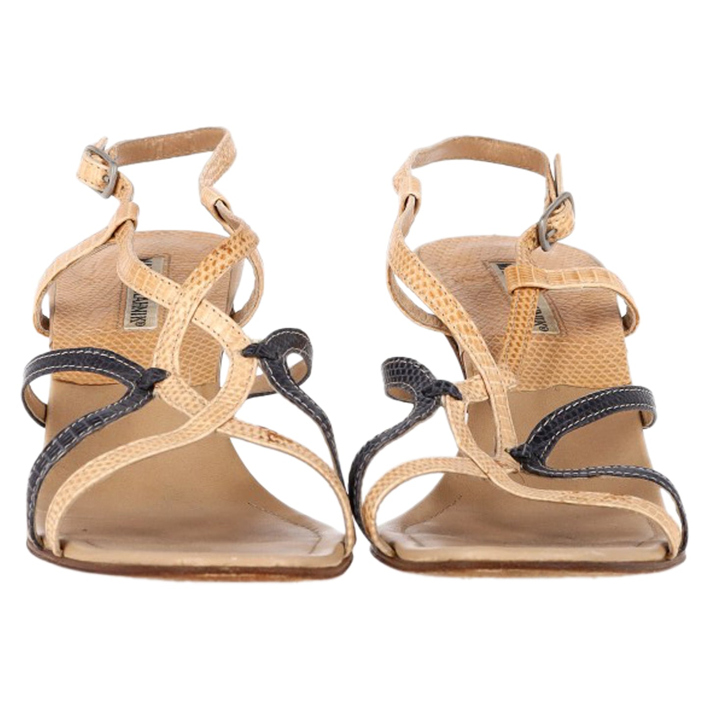 Manolo Blahnik Snakeskin-Embossed Sandal Heels in Nude Leather