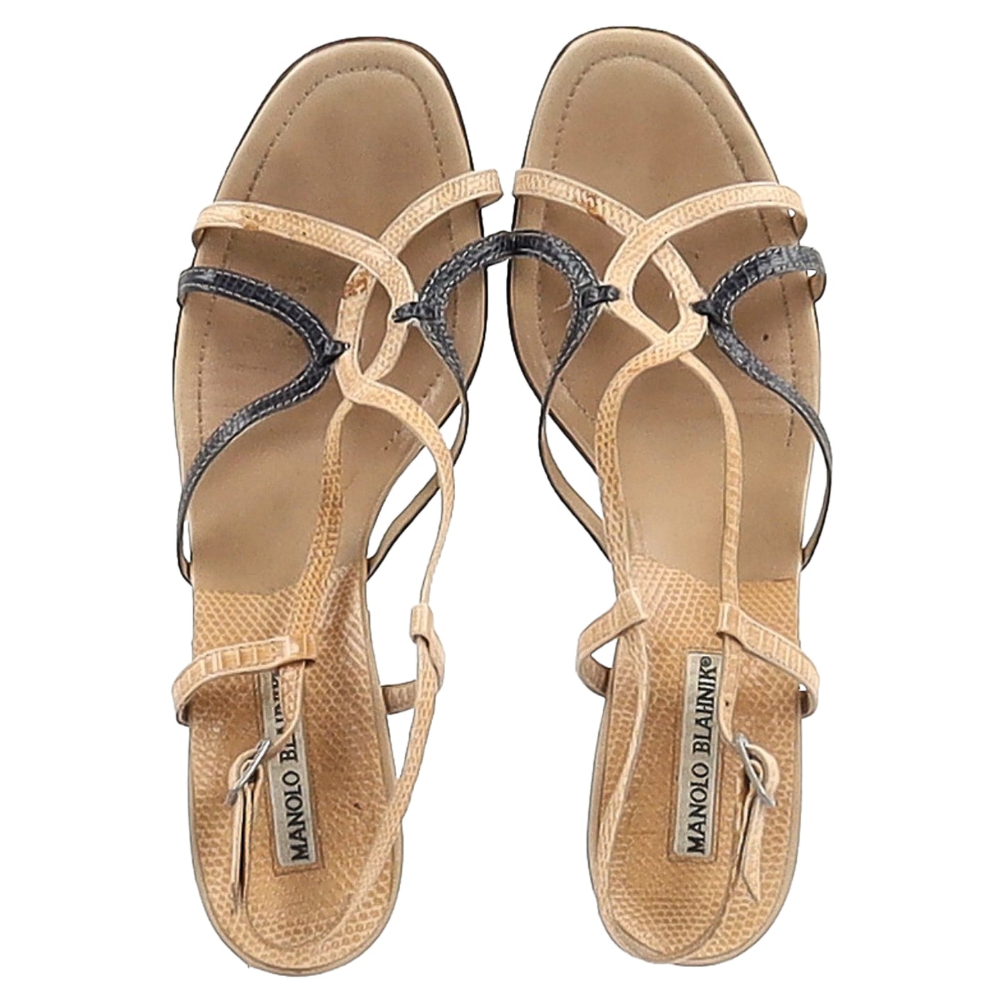 Manolo Blahnik Snakeskin-Embossed Sandal Heels in Nude Leather