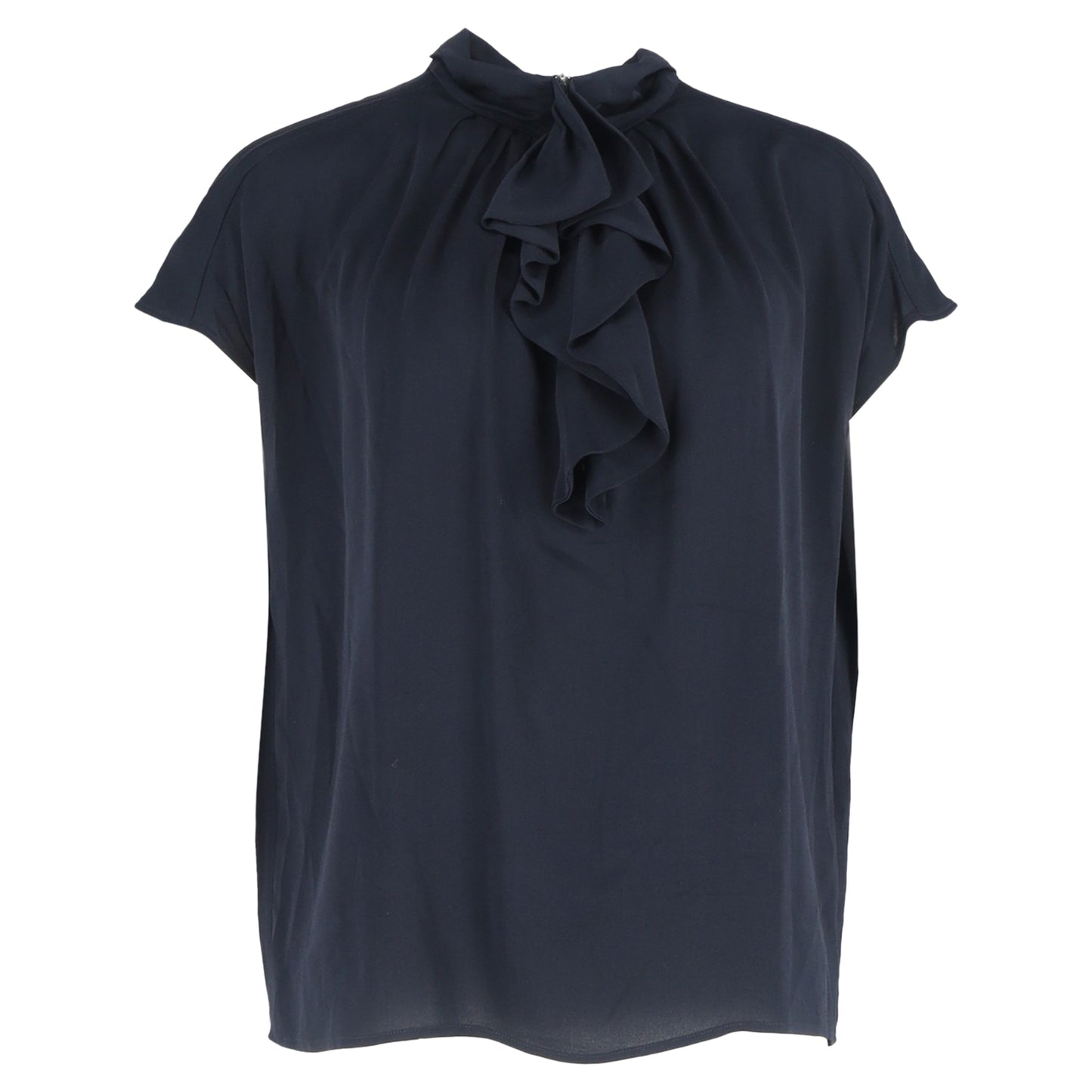 Max Mara Ruffle-Detail Blouse in Navy Blue Silk