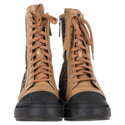 Fendi Vitello FF Domino Combat Boots in Brown Calf Leather and Canvas