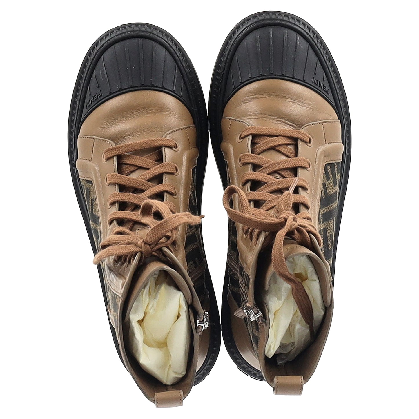 Fendi Vitello FF Domino Combat Boots in Brown Calf Leather and Canvas