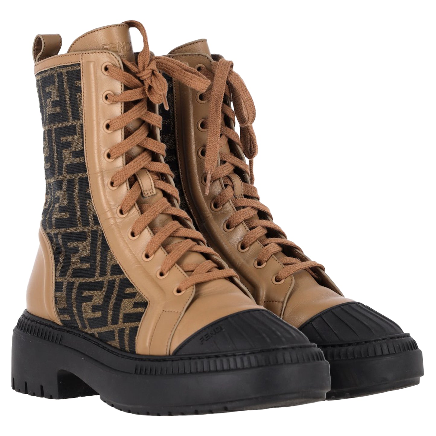 Fendi Vitello FF Domino Combat Boots in Brown Calf Leather and Canvas