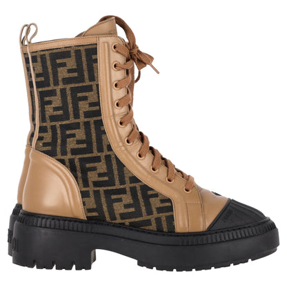 Fendi Vitello FF Domino Combat Boots in Brown Calf Leather and Canvas