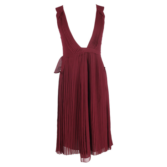 Burberry Pleated Midi Sleeveless Dress in Maroon Viscose