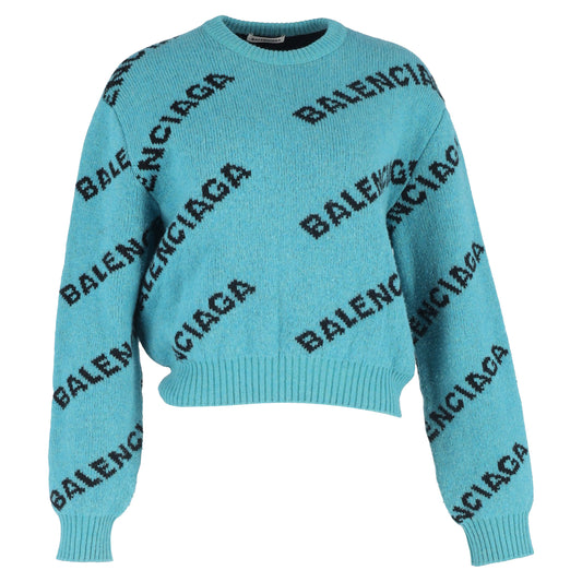 Balenciaga Logo Print Crewneck Sweater in Turquoise Wool
