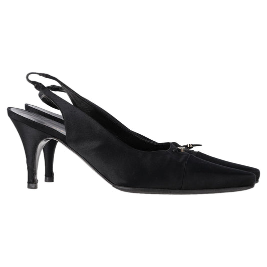 Chanel CC Pointed Kitten Heel Slingback Pumps in Black Satin