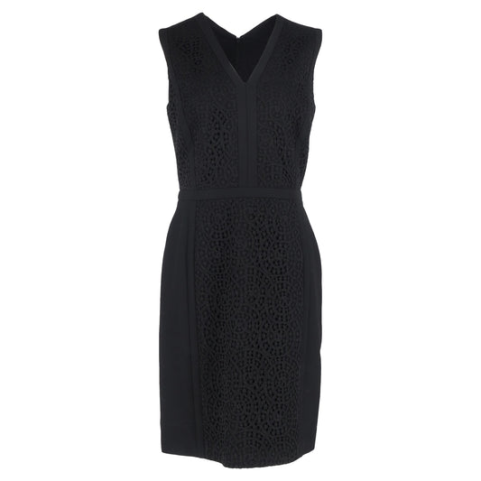 Hugo Boss Lace Detail Midi V-Neck Dress in Black Wool