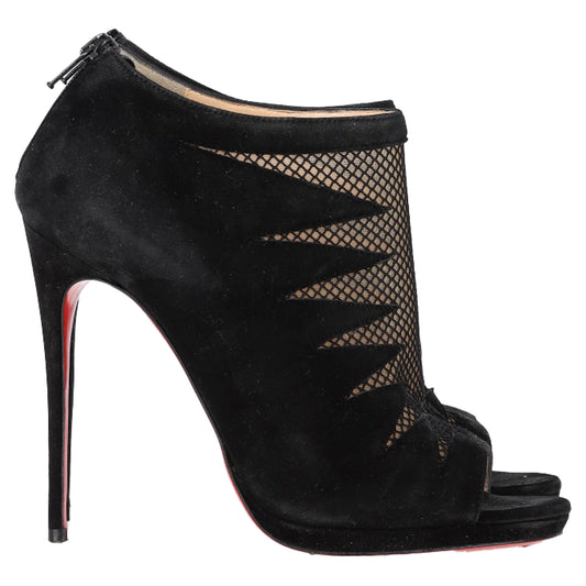 Christian Louboutin Peep-Toe Boots in Black Suede and Mesh