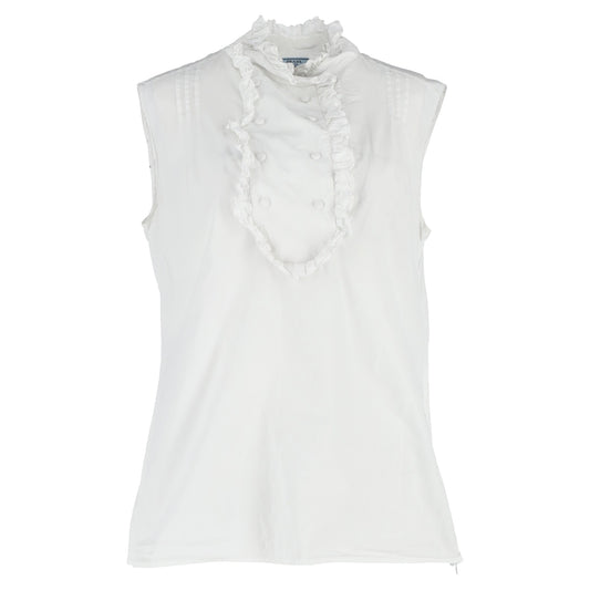 Prada Ruffle Mock Neck Sleeveless Blouse in White Cotton
