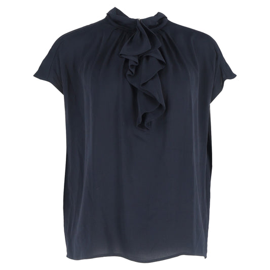 Max Mara Ruffle-Detail Blouse in Navy Blue Silk